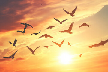 Fototapeta premium Illustration of a flock of birds soaring through a golden sunset sky, their wings spread wide against the warm colors of the evening. The tranquil atmosphere and free flight of the birds evoke a sense