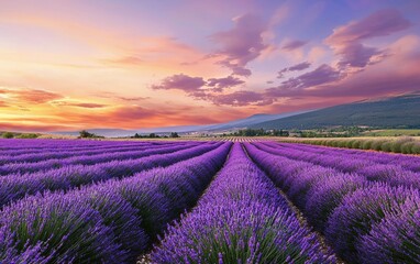 Obraz premium Rolling lavender fields in full bloom under a pastel evening sky