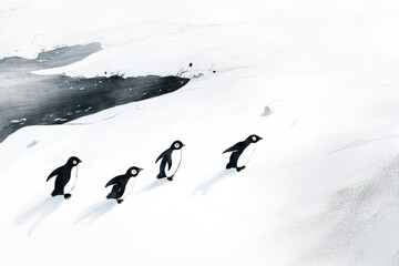Illustration of a family of penguins waddling across the snowy ice of Antarctica, their black and white feathers contrasting against the endless white snow. The cute, waddling movement adds a playful