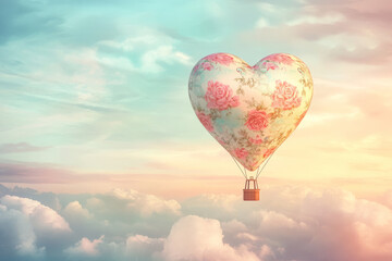 Fototapeta premium Illustration of a heart shaped hot air balloon floating above a dreamy landscape filled with soft clouds and pastel skies. The balloon is adorned with delicate floral patterns, symbolizing love and