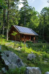 An off-grid cabin with a reliable power backup system and solar panels, nestled in a forested area, showing independence and sustainability