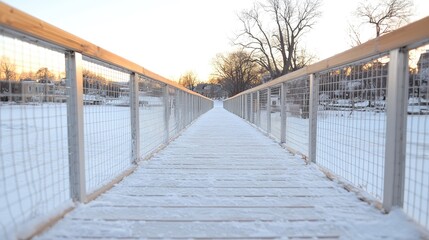 Obraz premium Snow-covered wooden footbridge leads across a frozen river during a bright winter day.