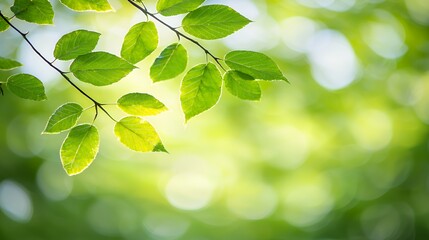 Bright Green Leaves on Branch Sunlight Bokeh Background