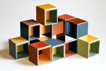 Illustration of a collection of interlocking, multicolored cubes forming a three dimensional abstract structure. The play of light and shadow adds depth and complexity to the geometric arrangement.