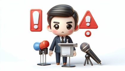 Urgent 3D Business Announcement Alert: Executive Press Conference with Serious Expression Icon