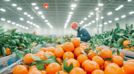 Warehouse worker sorting fresh oranges in industrial setting