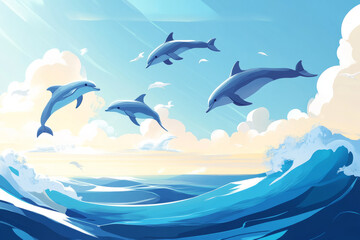 Obraz premium Illustration of a group of dolphins leaping through the waves under a bright, clear sky. The ocean is calm, and the sunlight dances on the surface of the water, creating a joyful, serene atmosphere.