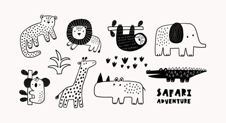 Safari animals cute illustration in doodl style. Outline hand drawn print. African leopard, giraffe, elephant, lion, , koala, crocodile, sloth and wild animals character.  © NadezdaBarkova