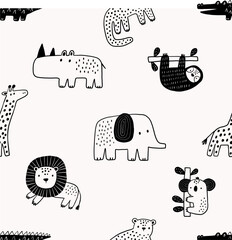 Safari animals cute illustration in doodl style. Outline hand drawn print. African crocodile, leopard, giraffe, elephant, lion, and wild animals character. Seamless pattern