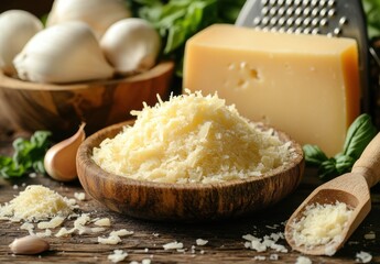 Freshly Grated Parmesan Cheese with Garlic and Herbs in Rustic Kitchen Setting