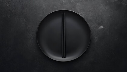 Black plate with chopsticks on a dark gray background, top view. Minimal Japanese food concept