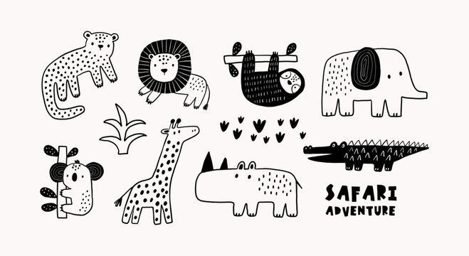 Safari animals cute illustration in doodl style. Outline hand drawn print. African leopard, giraffe, elephant, lion, , koala, crocodile, sloth and wild animals character. 