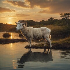 A mystical white ram on a floating island with a golden sunset sky surrounding it.