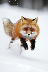 Fototapeta premium A red fox leaping through fresh snow, its thick fur standing out against the white backdrop. Snowflakes dance around it, capturing the playful energy of winter wildlife.
