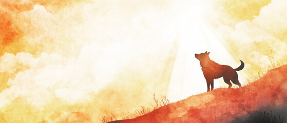 Watercolor Style Akita Dog Climbing a Hill in Nature Vibrant Colors and Artistic Expression Perfect for Pet Lovers and Art Enthusiasts Capturing the Spirit of Adventure and Playfulness