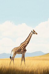 Illustration of a majestic giraffe grazing in a grassy plain with a distant mountain backdrop. The gentle, tall creature stands out against the clear, expansive sky, adding to the calm and peaceful