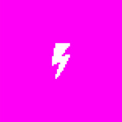 White flash lightning silhouette on pink background, Y2K pixel art, vector 8 bit retro thunderbolt, high voltage sign