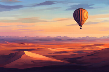 Fototapeta premium Illustration of a hot air balloon flying over a vast desert at sunrise. The rich oranges and reds of the sand contrast with the soft pastel colors of the morning sky, creating a stunning scene of