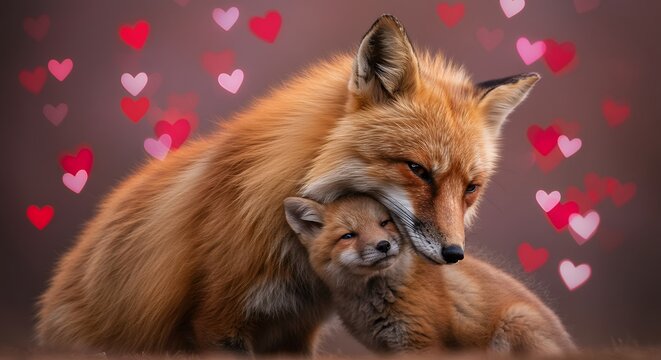 A heartwarming image of a mother fox hugging her cub - Powered by Adobe