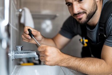 A focused worker is seen fixing a faucet in a bathroom, embodying the technical skills and dedication required for home maintenance and plumbing services.
