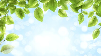 Bright Green Leaves on Branches Against a Soft Blue Sky Background