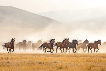 Obraz premium A herd of wild mustangs galloping across an open plain, their flowing manes and powerful strides capturing the spirit of freedom.