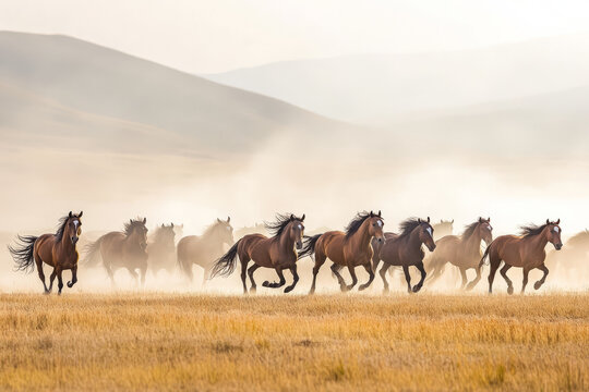 A herd of wild mustangs galloping across an open plain, their flowing manes and powerful strides capturing the spirit of freedom.