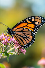 Fototapeta premium A close up of a monarch butterfly delicately resting on a blooming wildflower, with intricate wing patterns glowing in the sunlight.