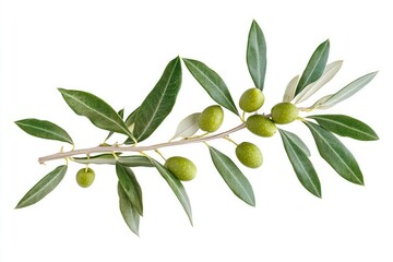 Obraz premium A fresh olive branch with small green olives and leaves, isolated
