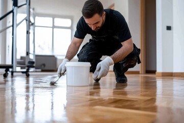 A hardworking individual is applying a glossy finish on a freshly sanded wooden floor, exhibiting commitment to quality and aesthetics in home interior upkeep and renovation.