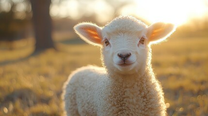 Naklejka premium A charming and fluffy lamb gazes playfully in a sunlit meadow, surrounded by golden grass and a serene outdoor setting.