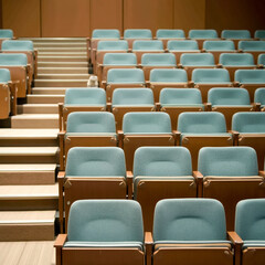 Fototapeta premium rows of teal upholstered seats in a tiered lecture hall