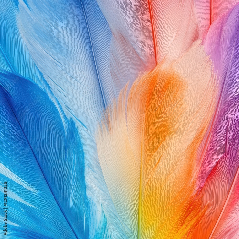 Poster vibrant layered feathers in a rainbow gradient displaying a spectrum of colors