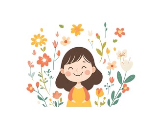 Beautiful girl surrounded by colorful flowers in a lush garden creating a magical and dreamlike experience of nature