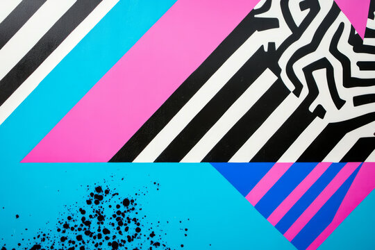 A funky 1980s inspired geometric pattern with neon pink, electric blue, and bold black and white stripes. The energetic design captures the vibrant retro aesthetic.