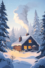 Fototapeta premium Illustration of a cozy winter cabin surrounded by snow covered trees, with smoke rising from the chimney. The warm light from the windows contrasts with the cold winter landscape, evoking feelings of