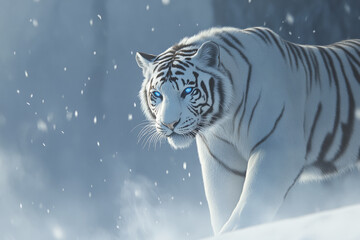 A majestic white tiger standing in a snowy landscape, its piercing blue eyes staring intensely. Snowflakes gently fall around the powerful creature, adding to the mystique.