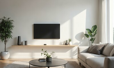 Smart home technology, modern living room with IoT devices, minimalist design, bright and clean aesthetic.