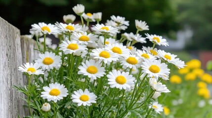 Fototapeta premium White daisy flowers blooming next to a weathered wooden fence in a sunny garden.