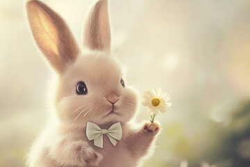 Obraz premium Illustration of a fluffy bunny with big ears and a tiny bow tie, holding a flower in its paw. The soft color palette and the endearing expression on the bunny face make it an adorable and charming