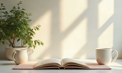 Mindful morning routine, yoga and meditation, soft natural lighting, minimalist flat lay with calming tones.