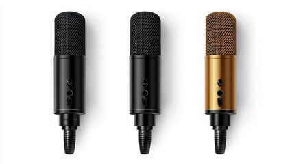 Three studio microphones, black and gold, on white background