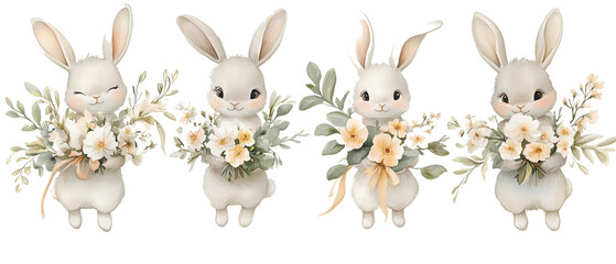 Obraz premium Adorable Rabbits and Hares Holding Floral Bouquets in a Dreamy Spring Garden – Soft Natural Aesthetic
