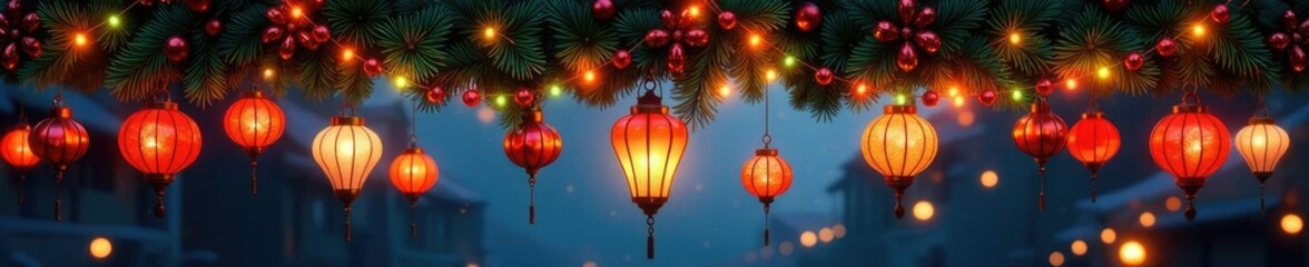 A festive cornice features a mix of glass ornaments, colorful lanterns, and twinkling fairy lights, cornice, lantern, festive decoration