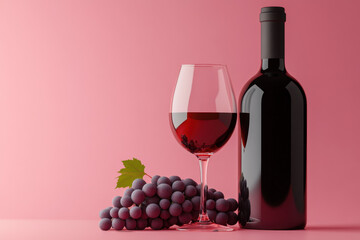 Fototapeta premium Elegant red wine bottle and glass with fresh grapes on display