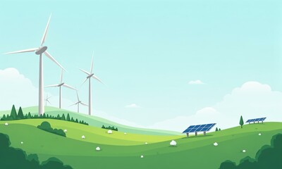 Sustainable energy concept, wind turbines and solar panels, flat design, bright and minimalist illustration.