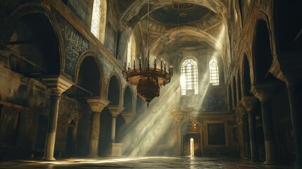 sunbeams in ancient church interior