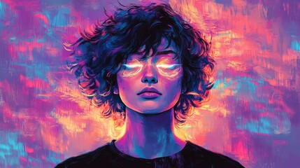 Ethereal Portrait of Individual with Vivid Hair and Glowing Eyes in Colorful Background