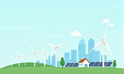 Sustainable energy concept, wind turbines and solar panels, flat design, bright and minimalist illustration.
