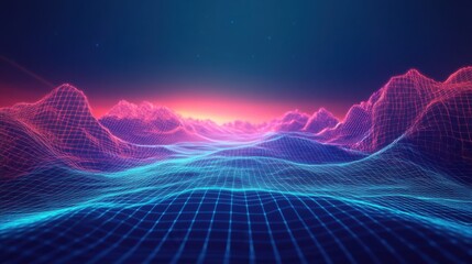 Obraz premium Glowing 3D wireframe landscape with futuristic grid lines forming a high-tech background pattern, ideal for digital themes